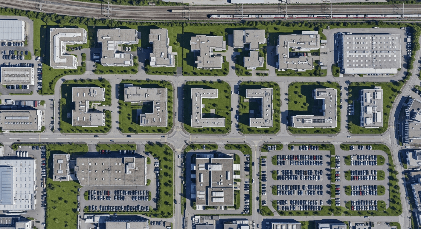 Luftaufnahme des Gewerbegebiets rund um den Standort