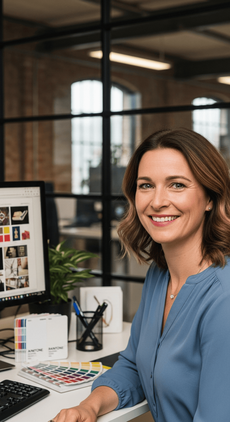 Lisa im Buero mit Drucklayouts