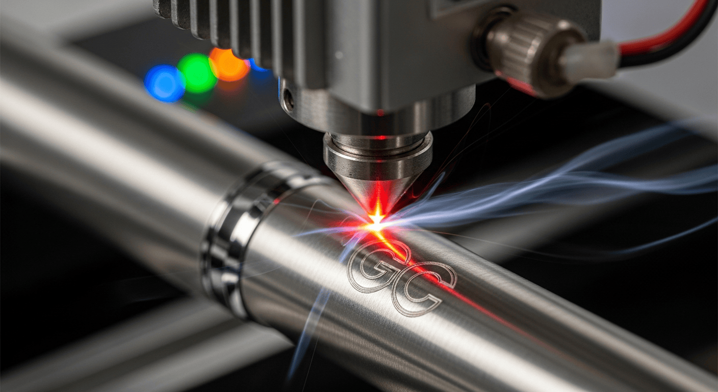 Lasergravur eines Logos auf einem Metallkugelschreiber